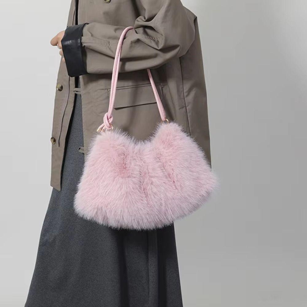 Effen Kleur Nepbont Hobo Tas Warme Dames Handtas Casual Pluizige Schoudertas Dagelijks