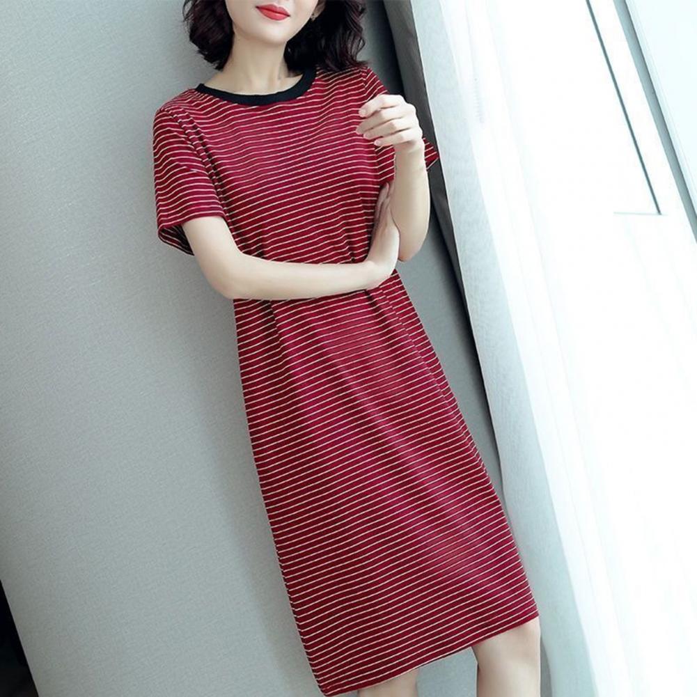 Women Casual Striped Middle Dress Short Sleeve Loose Round Neck Summer Lightweight Comfortable Office Beach Party Dress
