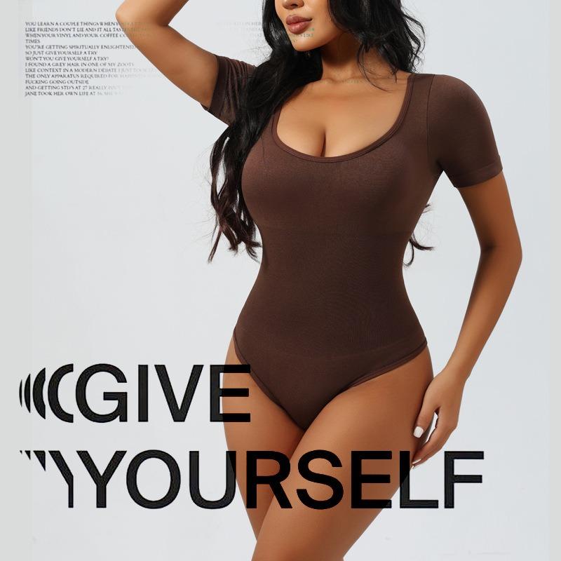 Square Neck Seamless Short Sleeve Buttoned Waist Cinching Shapewear Bodysuit For Women