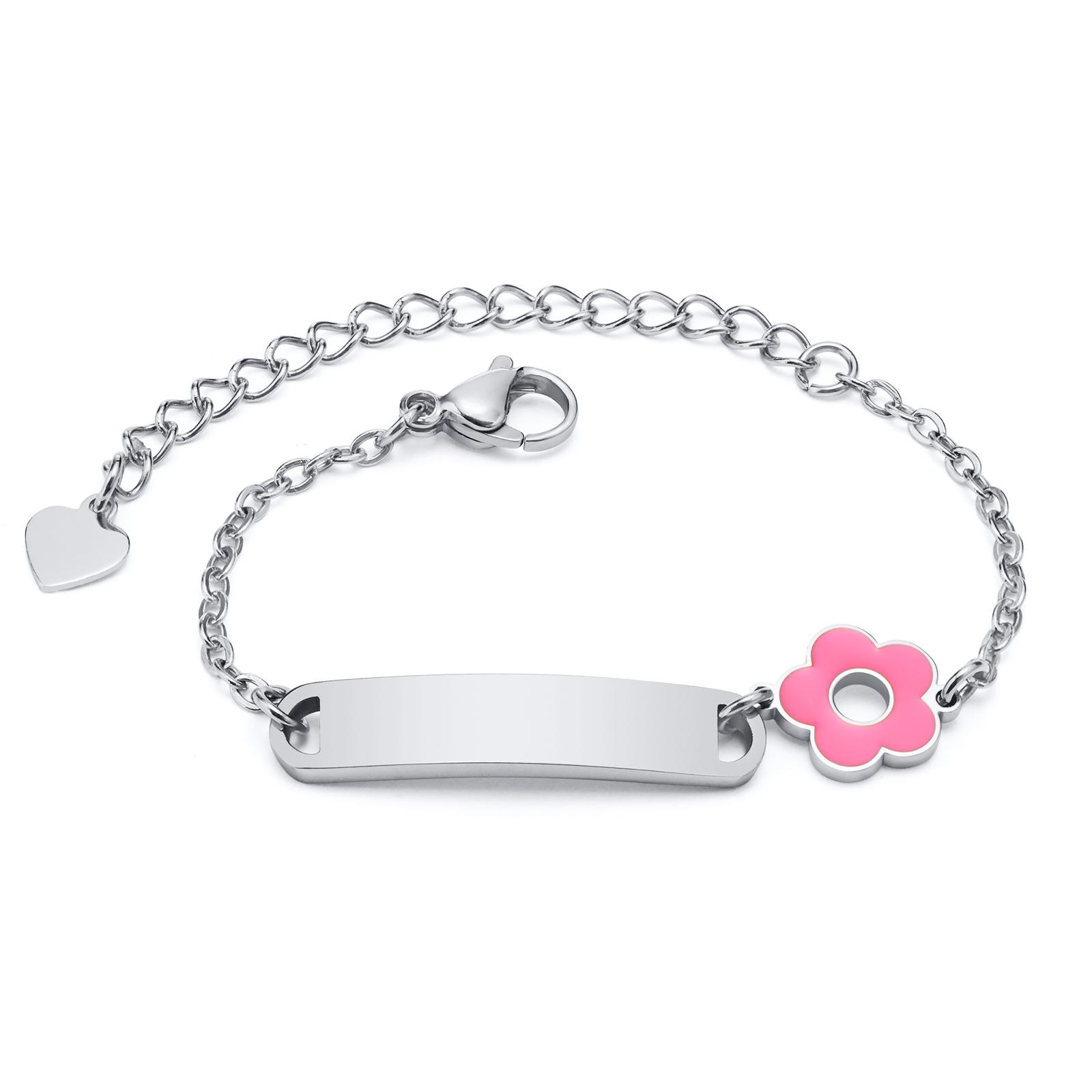 

Free Engraving Name Bracelet for Little Girl Boy , Cute Flower Stainless Steel Chain Adjustble, Personalized Gift Birthday