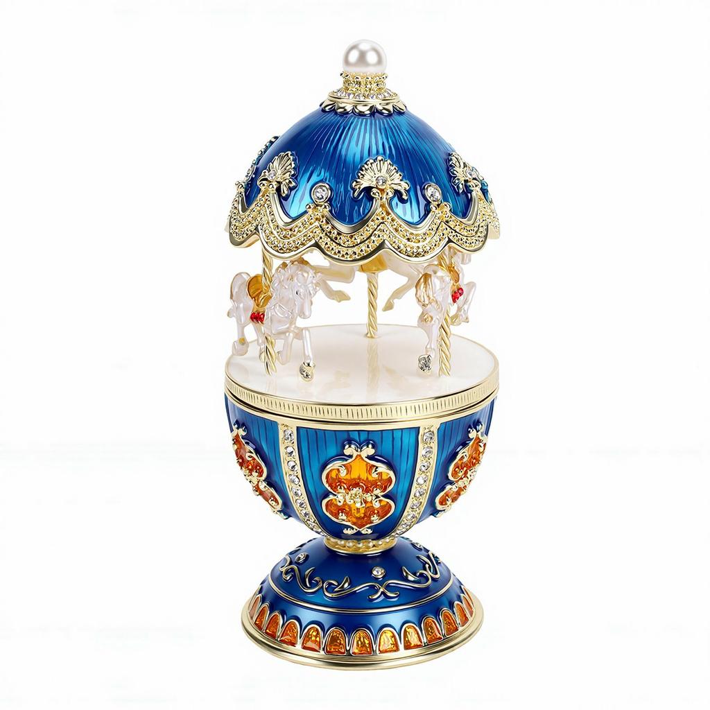 Carousel Jewelry Box Magnetism Egg Shaped Rotating Horse Rhinestone Enamel Jewelry Storage Box Blue