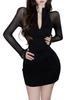 Coco Yuka Sexy Deep Tight Mini Dress with Long High and Design Size & Women's V-Neck Sleeves, Zipper, Bodycon, Neck, See-Through (Black, S)