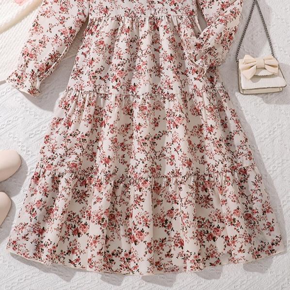 Girl Long Sleeves Floral Print Dress Children Kid Casual Princess Dresses Clothes