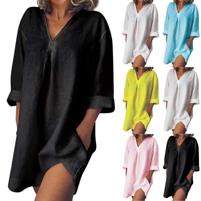 Women's V-neck Three Quarter Sleeve Pocket Cotton Linen Solid Color Casual Dress
