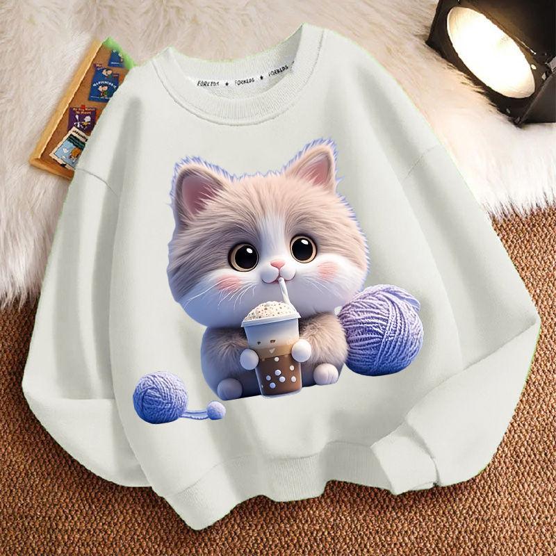 Cute Milk Tea Cat Round-neck Sweatshirt for Children, Fashionable Long-sleeved Casual Sweatshirt for Boys and Girls in Spring and Autumn