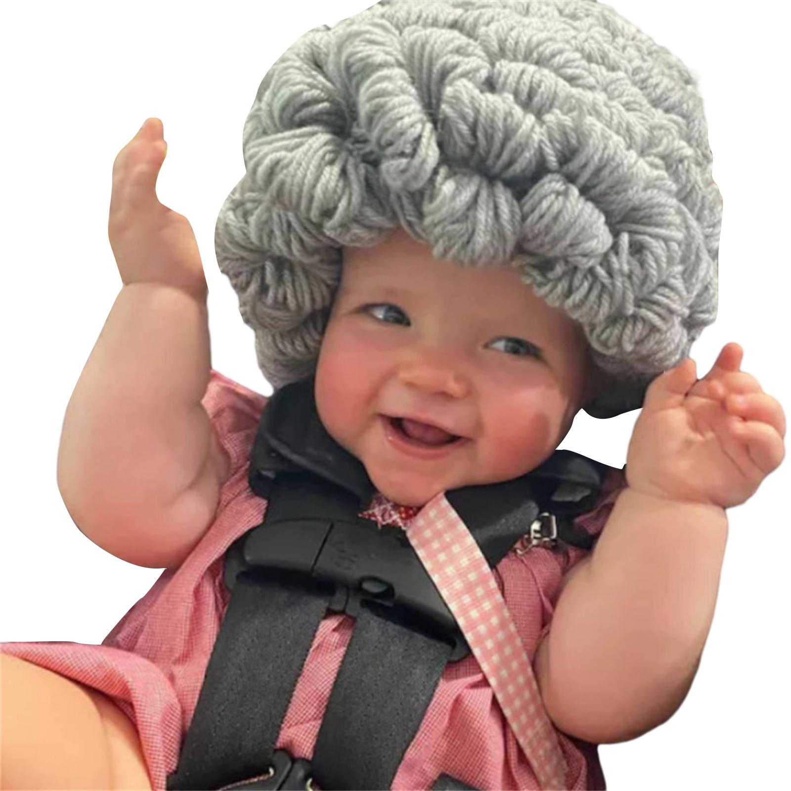 

Novelty Wig Beanie Hat for Little Girls Handcrochet Curly Hair Hat Winter Warm Grandma Cap Kids Headgear Sweet Headdress серый