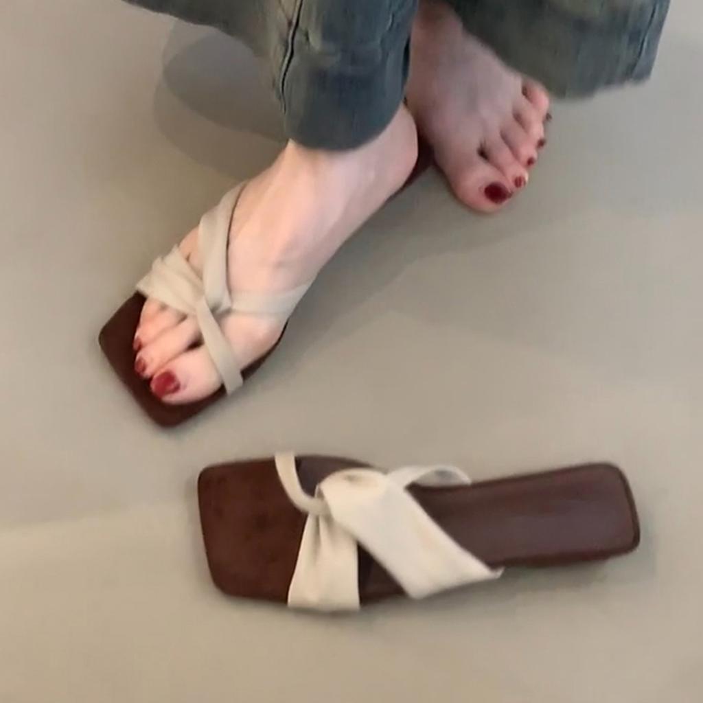 Vintage cross with simple open-toed sandals women's low-heeled square head outer wear comfortable slippers