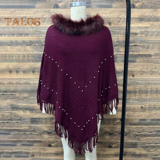 Women Fall Winter Cloak Tassel Bead Decor Faux Fur Decor Triangle Shape Solid Color Knitted Keep Warm Elastic Poncho Shrug Bohemian Style Cable Wrap