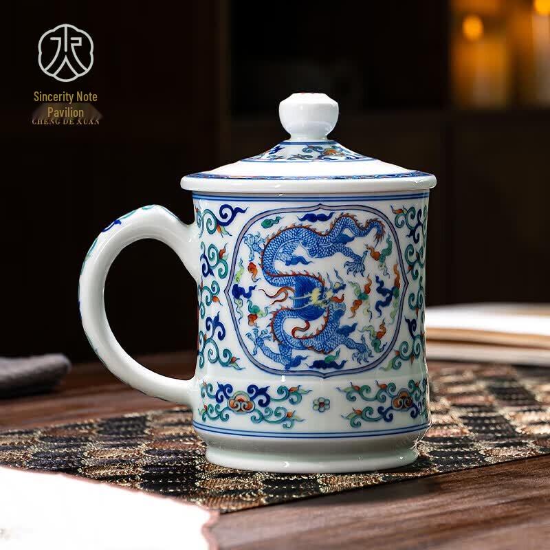Cheng Dexuan Jingdezhen Doucai Double Dragon Ceramic Office Tea Cup