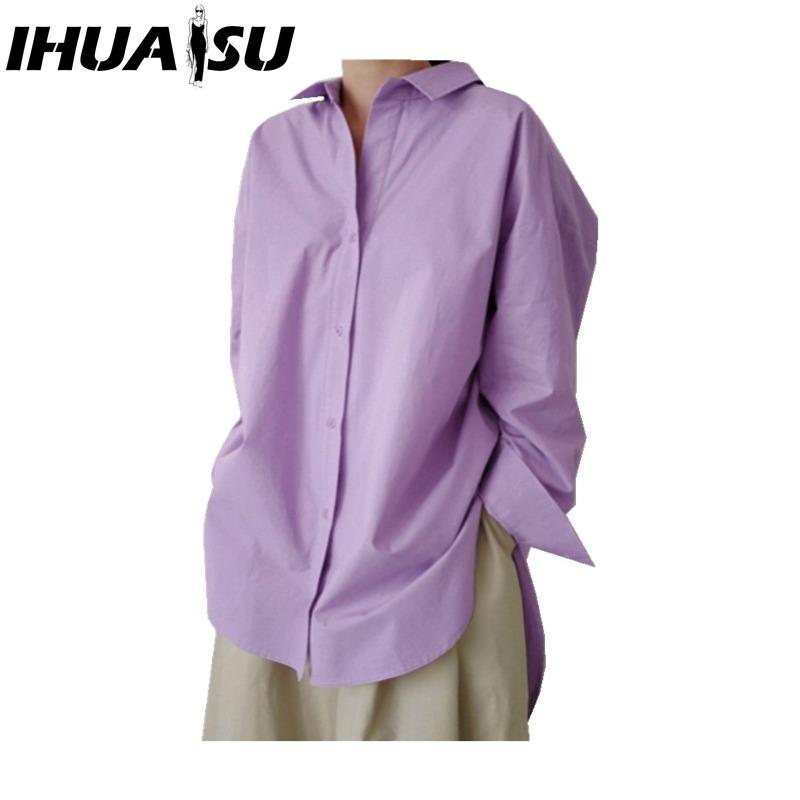 

IHUASU Женская Мода Повседневные Однотонные Блузки и Рубашки с Принтом и Длинным Рукавом и Воротником ПОЛО XXXXXL фиолетовый
