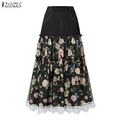 Women Summer Casual Floral Print Patchwork Long Skirts