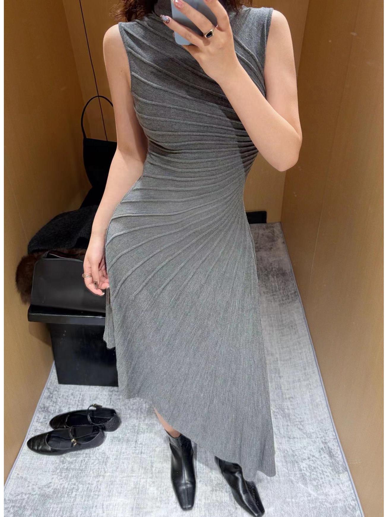 

2026 Spring Women s French Gray Sleeveless Waist-Cinched Dress Large сірий колір