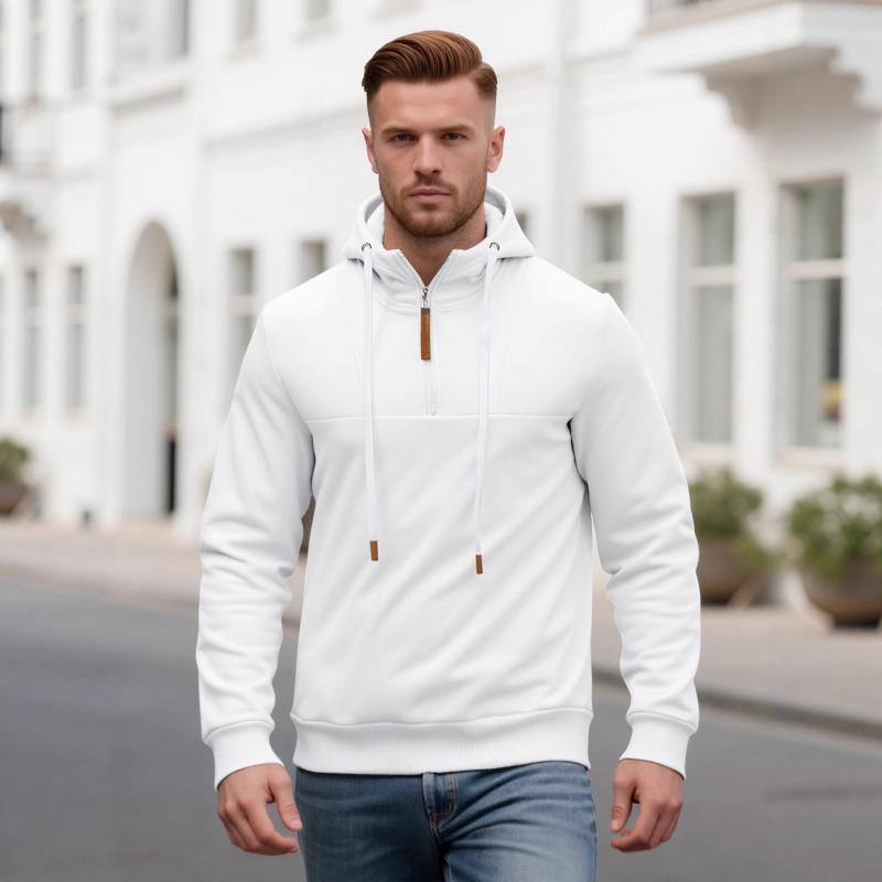 Men Autumn Casual Half Zip Hoodie Light Gray Hooded Sweatshirt S белый