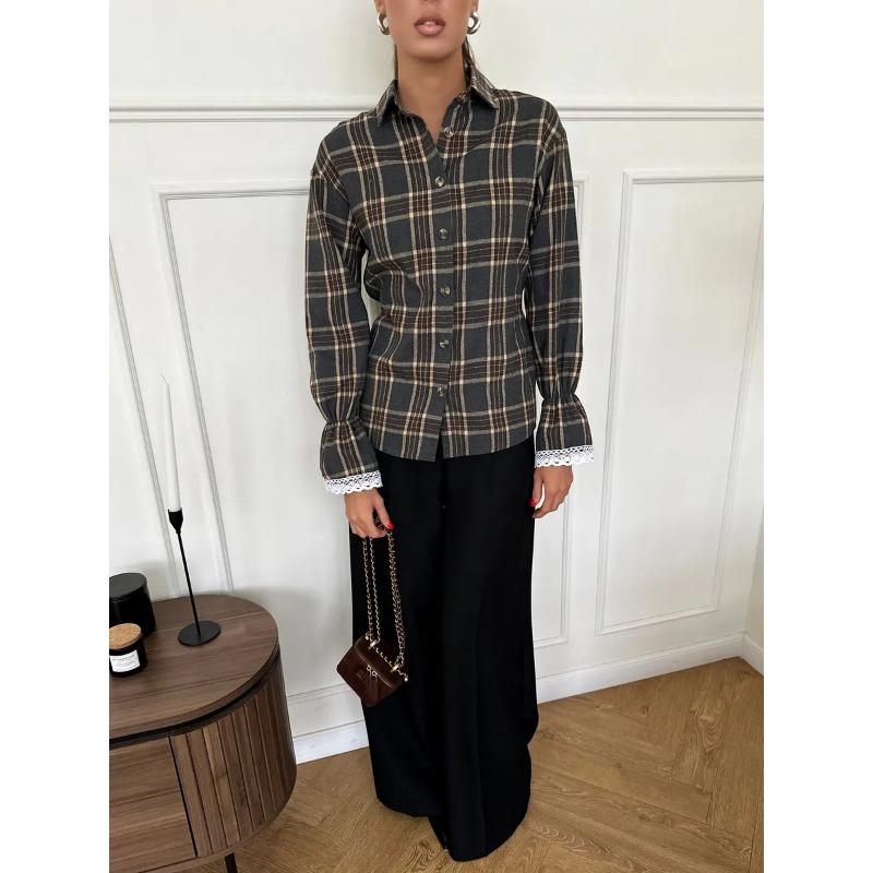 Damen S Vintage Karriertes Langarmhemd Mit Taschen