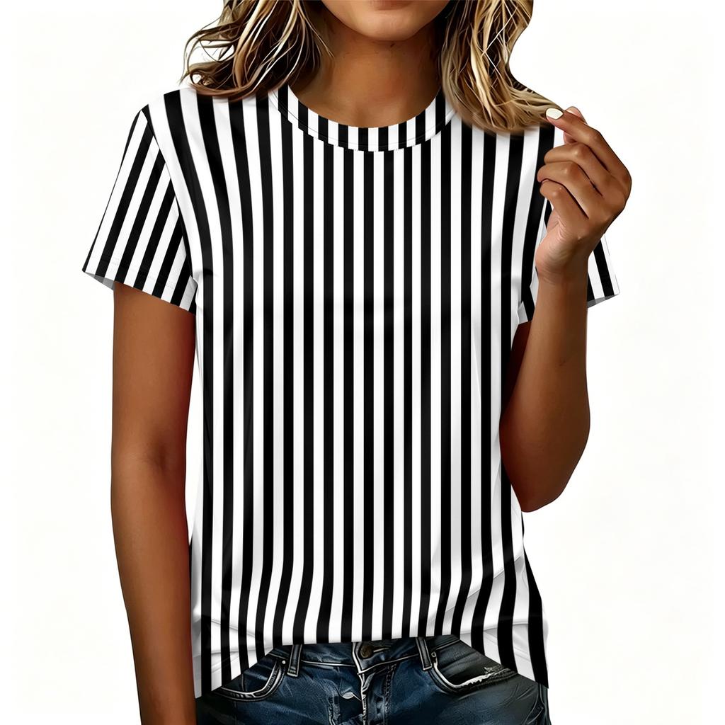 Women's Casual Crew Neck Short Sleeve Pullover T-Shirt Vertical Stripe Print Top Lightweight Soft Fabric Summer Wear