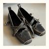 Sheepskin version~ Square head pig nose Mary Jane shoes women's shallow mouth bow ballet leather shoes
