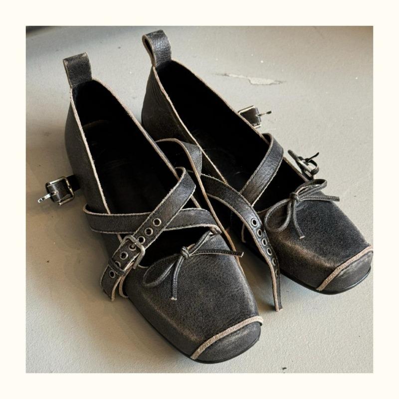 Sheepskin version~ Square head pig nose Mary Jane shoes women's shallow mouth bow ballet leather shoes