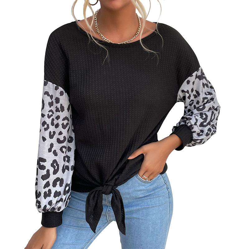 Woman Clothing Fashion Casual Tops Shirts Fashionable and Casual Temperament Women's Round Neck Long Sleeve Patchwork Leopard Print Black Knit Sweater