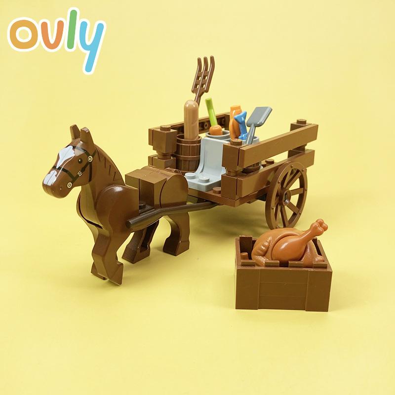 Ovly Zestaw części Farm Carriage Gardening MOC z wozem wołowym, zwierzętami DIY, klocki konstrukcyjne, zestaw do pieczenia kurczaka w stylu retro, prezent dla dzieci z instrukcją
