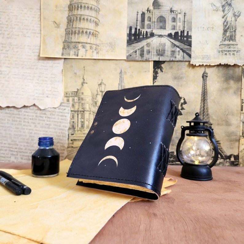 Moon Eclipse Leather Notebook , Celestial Sketchbook , Writing Travel Journal , Ideal Gift for Him | Her , 200 Deckle Edge Handmade Pages