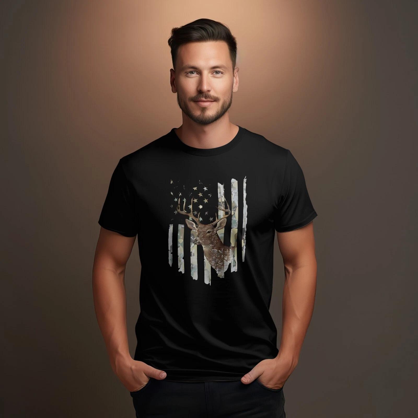 American Flag Deer Head Black T Shirt L