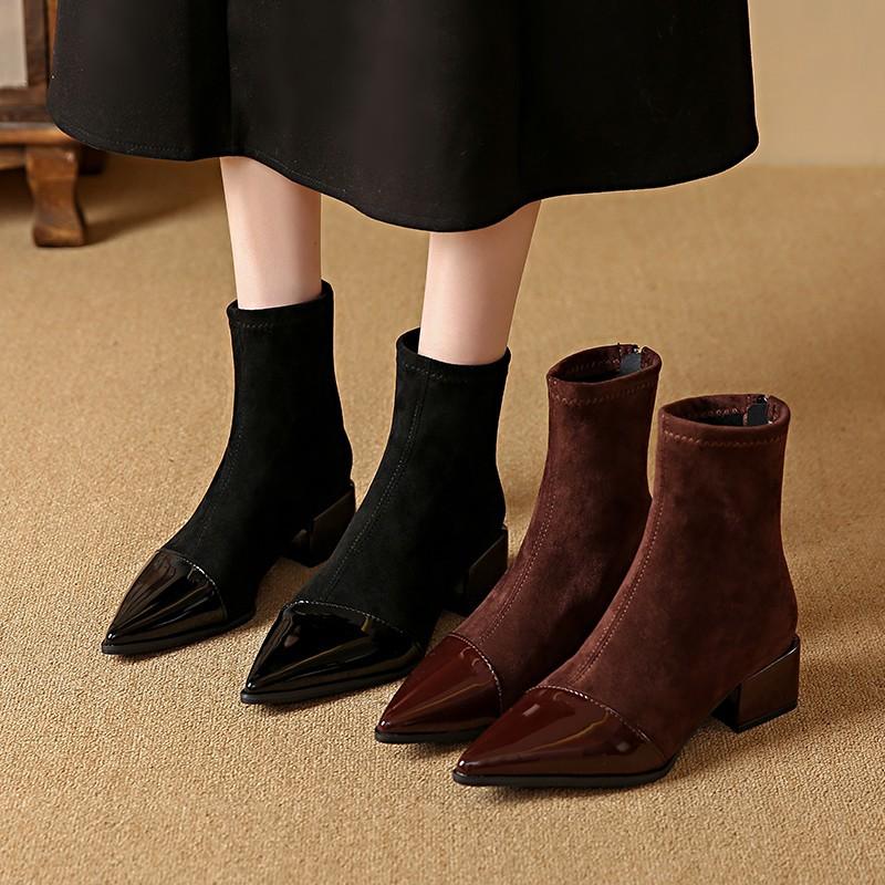 Suede boots women's autumn and winter new thin French temperament small bare boots pointed short boots women's boots