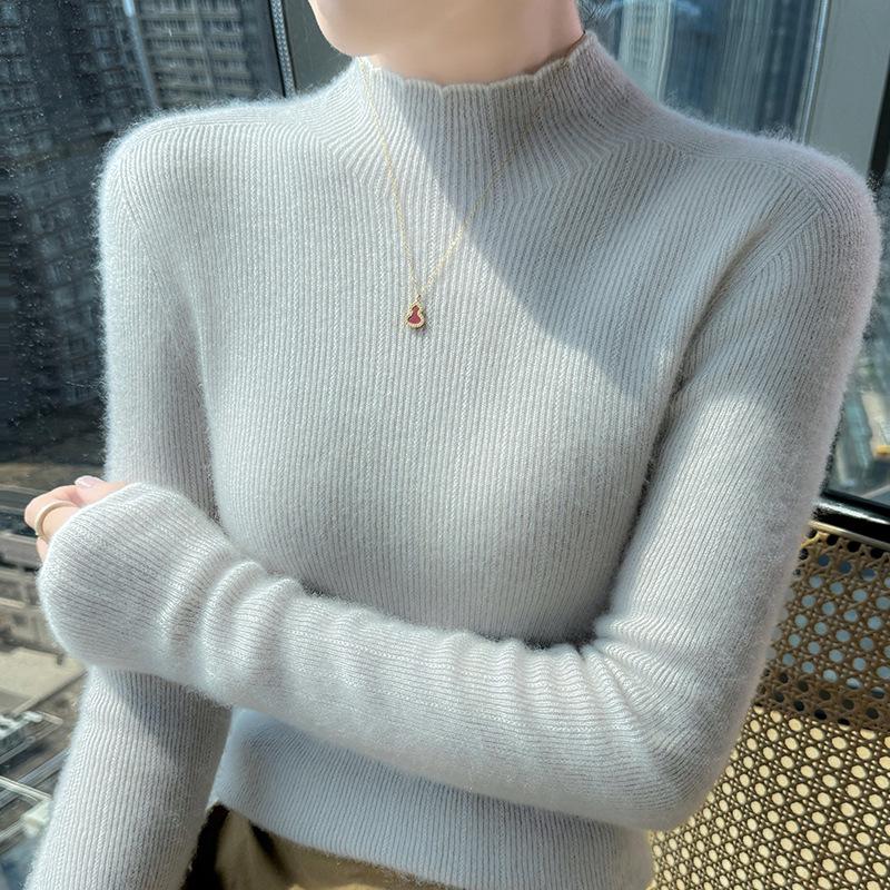 Women's Slimming Pure Wool Lace Half-High Collar Sweater - Ready-to-Wear Knit Pullover Base Layer