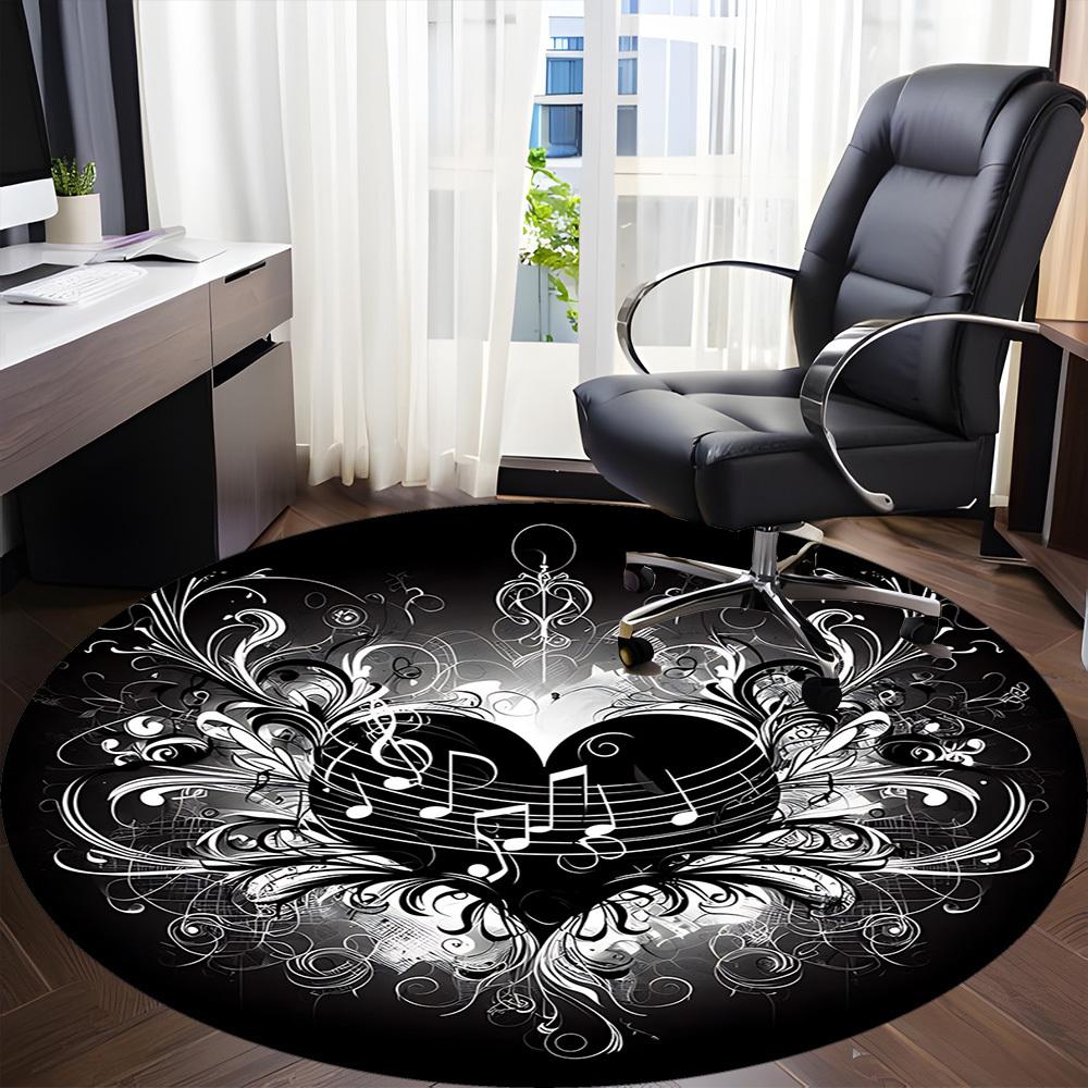 1pc Heart Music Notes Chair Carpet for Office, Round Polyester Mat, Indoor Decor for Office, Easycare Fabric, Washable Non-slip Area Carpet