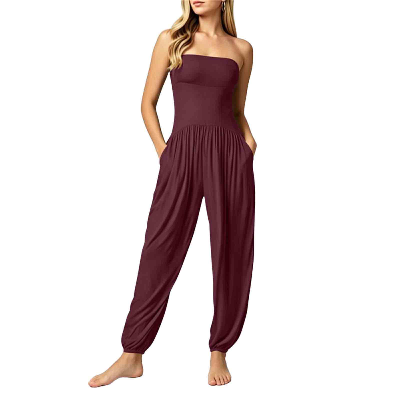 

Women Sleeveless Strapless Jumpsuit Elastic Waist Pocket Casual Loose Fit Romper Full Length Pants L винний