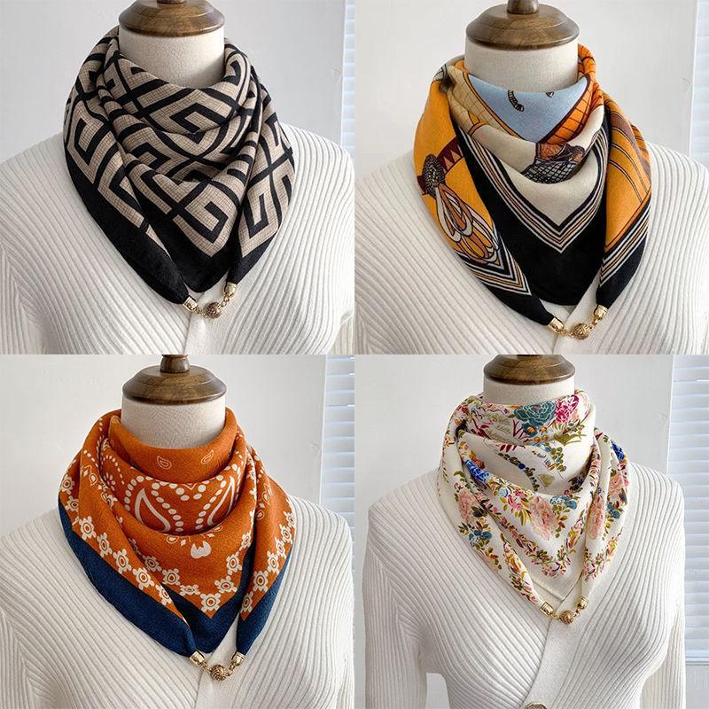 Silk Scarf Neck Tie Small Square Scarf New Women's Cotton Linen High-end Magnetic Buckle Scarf Stylish Elegant Warm Neck Scarf