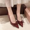 Beautiful 2025 new nude high heels women's stiletto bar mitzvah pointed bow French patent leather shoes