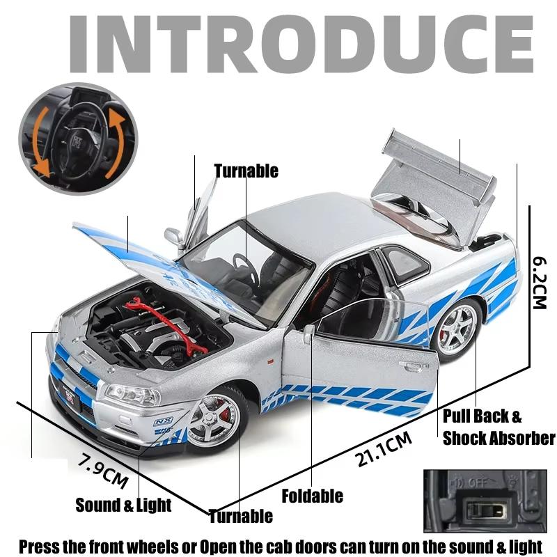 2024 1/24 Nissan Skyline GTR R34 JDM FDJ 35GT-RR Silvia S15 LBWK Racing Car Diecast Metal Rally Miniature Gift for Kid Boy Collection