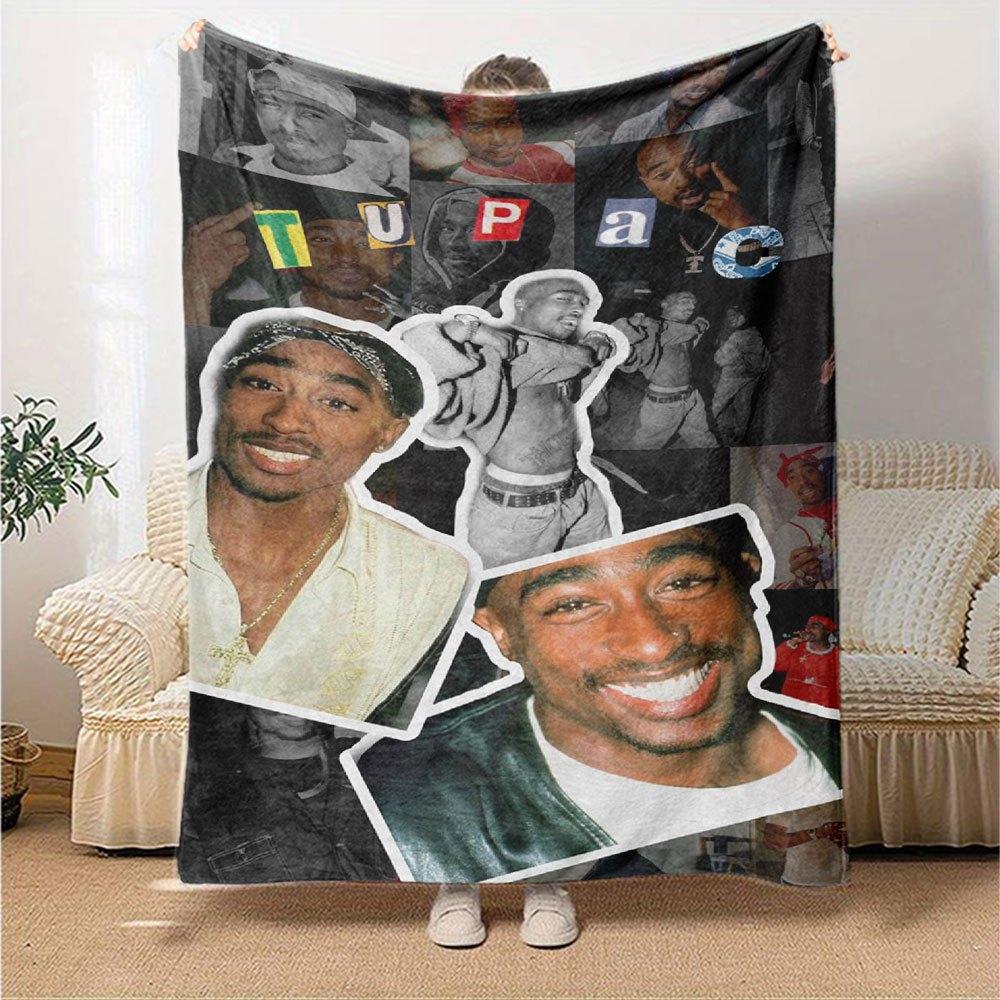 1pc 2PacHip Hop Blanket Soft Lightweight All Season Multi Purpose Throw for Sofa, Bed, Office & Picnics, French Style with Iconic Album Art & Quotes