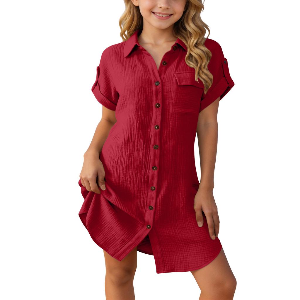 Girls Casual Short Sleeve Shirt Dress Loose Fit Button Down Collared Dress Lightweight Summer Dress for Kids