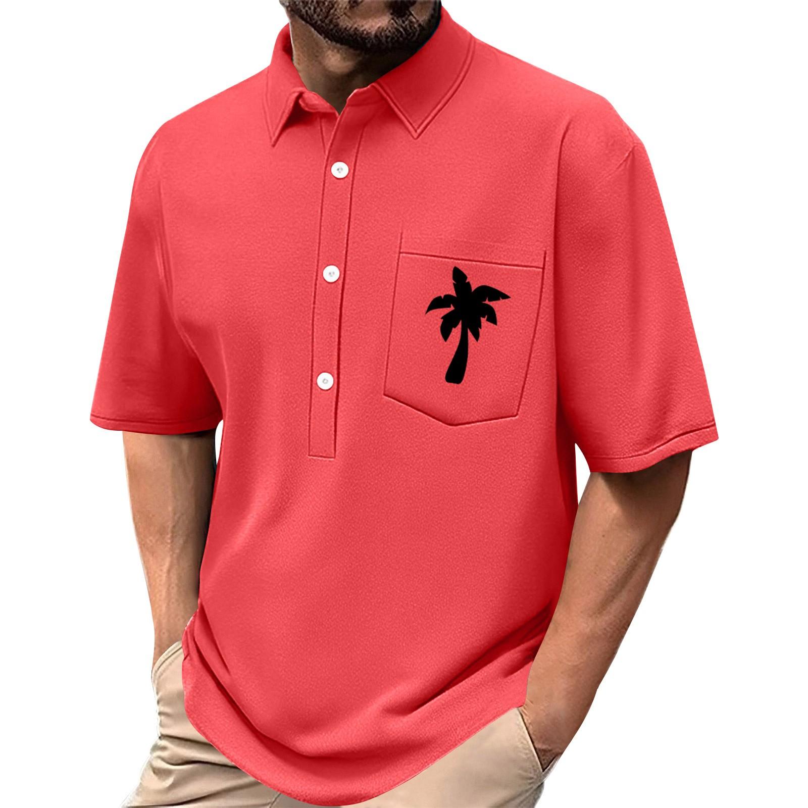 

Men s Summer Solid Color Print Four-sided Stretch Lapel Button Pocket Shirt Casual Sports Short-sleeved Top XL