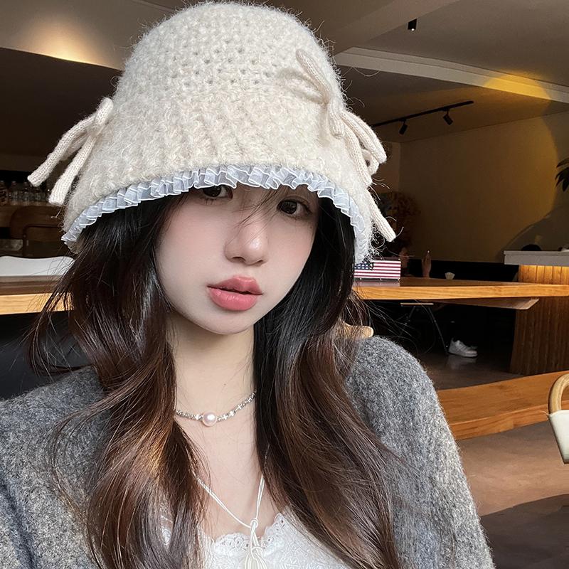 

Кружево милое кружево бант вязаная панама женская осенне-зимняя шерстяная шапка теплая для лица маленькая шапочка Adult average size 55-58cm