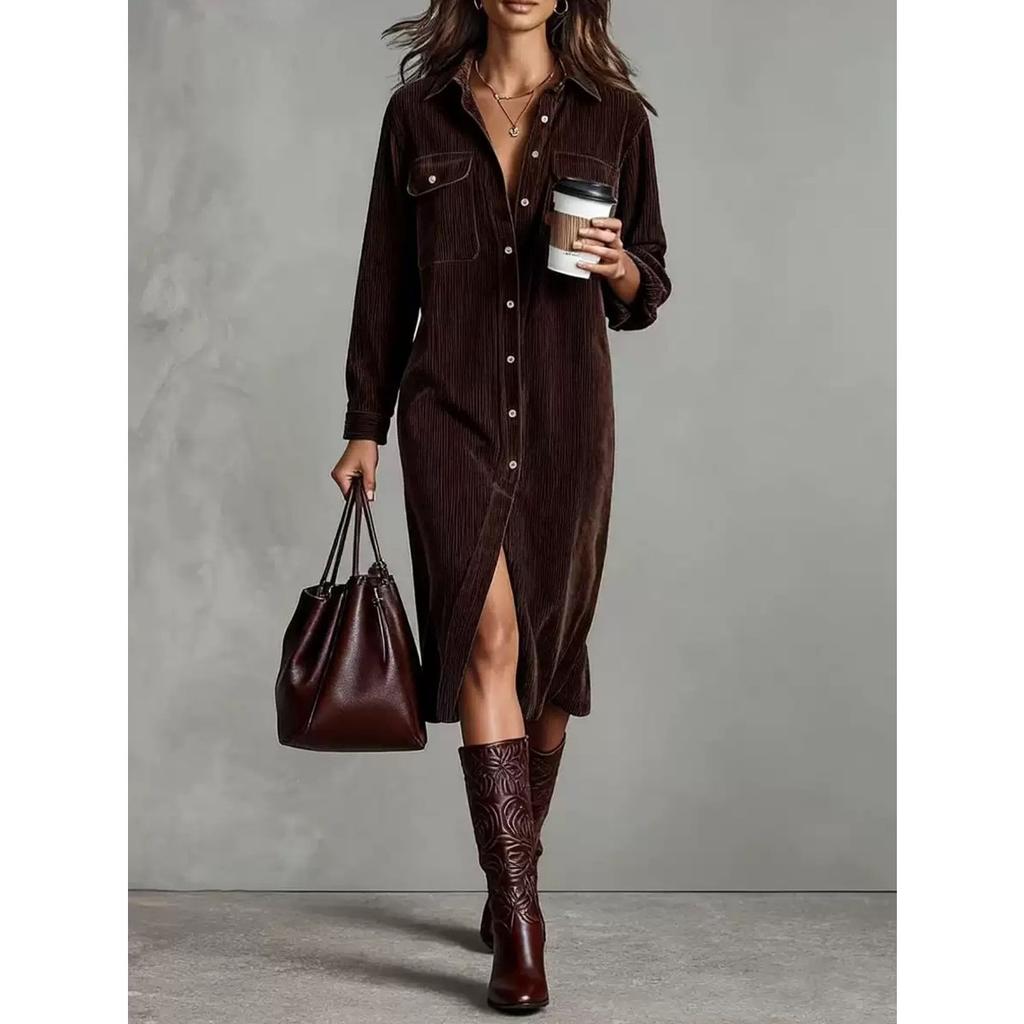 Women's Turn Down Collar Long Sleeve Shirt Dress Loose Fit Elastic Waist Solid Corduroy Midi Dress