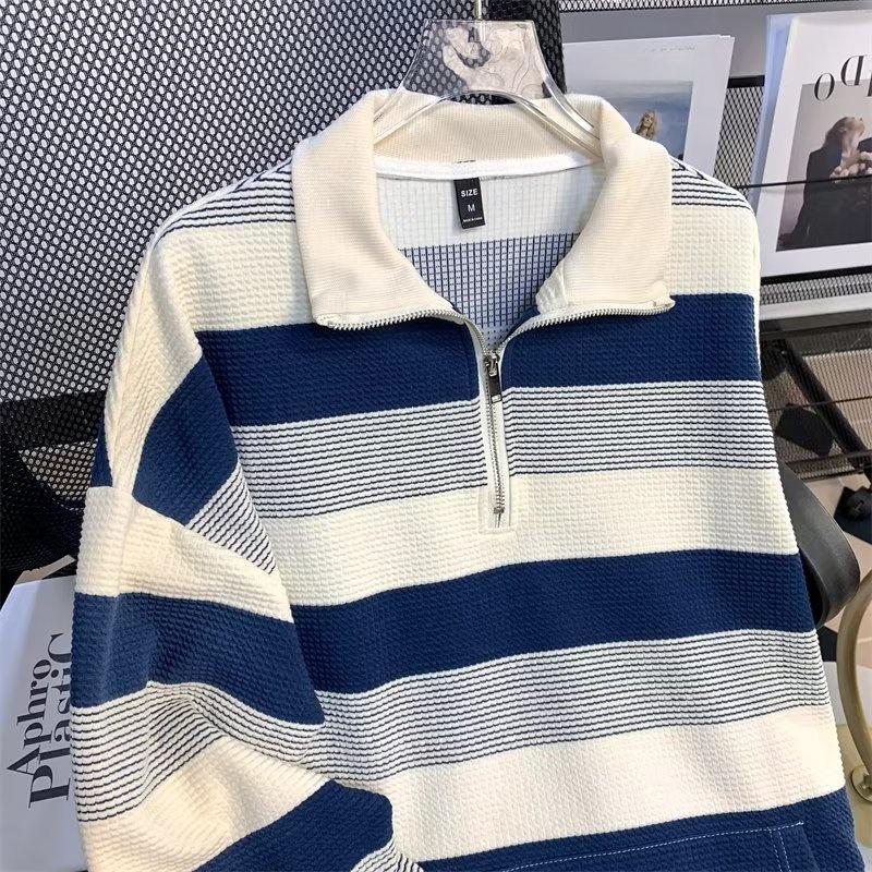 Unisex Retro Gestreifte Oversize Langarmjacke mit halbem Reißverschluss für Herbst & Winter