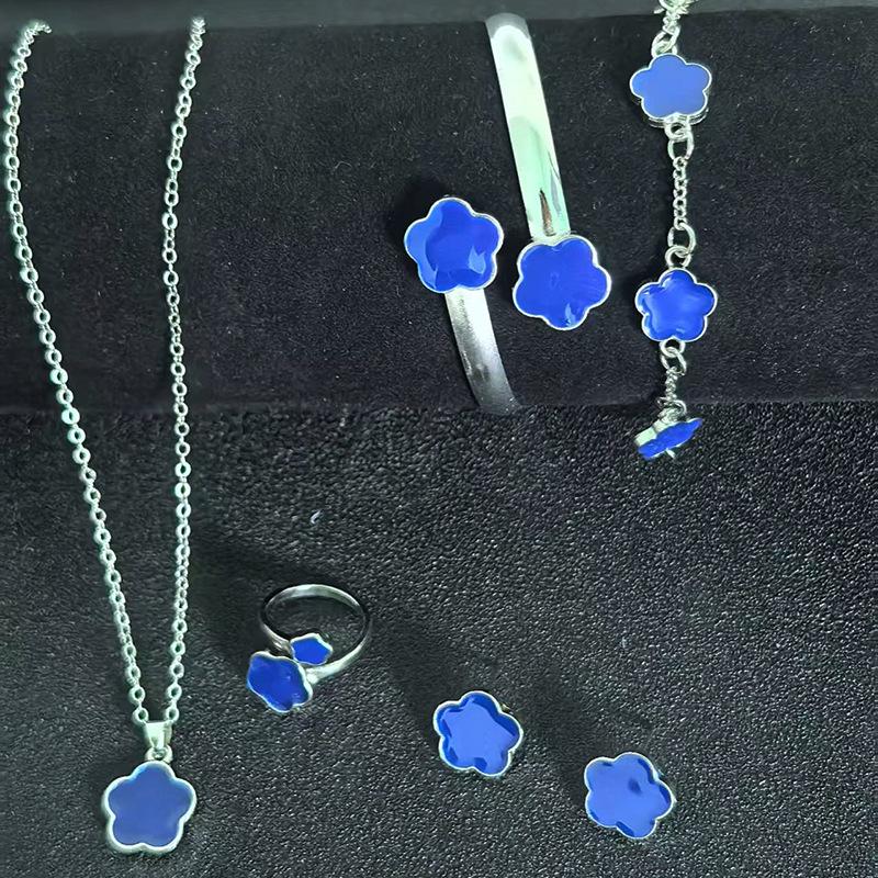 European Elegance: Five-Petal Flower Jewelry Set (Necklace, Bracelet, Bangle, Earrings, Ring)