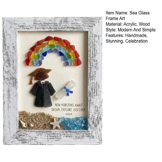 Sea Glass Graduation Art Class of 2026 Keepsake Gift Handmade Sea Glass Wall Art Frame Decor with Rainbow Gift for High School College Graduate
