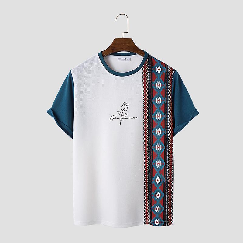 

Мужские топы с круглым вырезом и короткими рукавами в стиле пэчворк с цветочным принтом и геометрическим узором