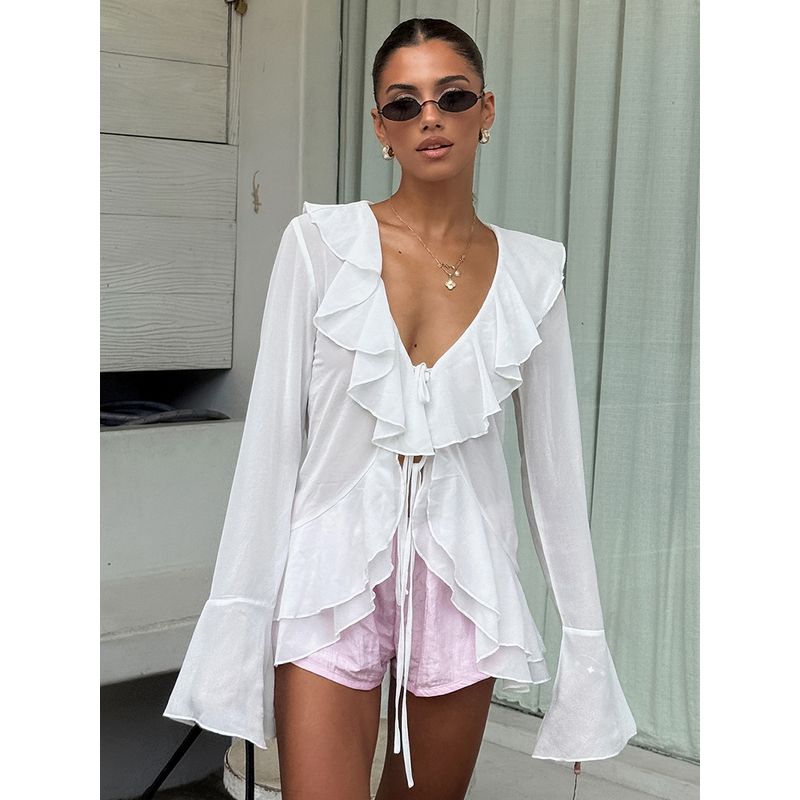 European and American Women's Shirt White Loose V-neck Frill Lace-up Top 2025 Summer Casual Shirt