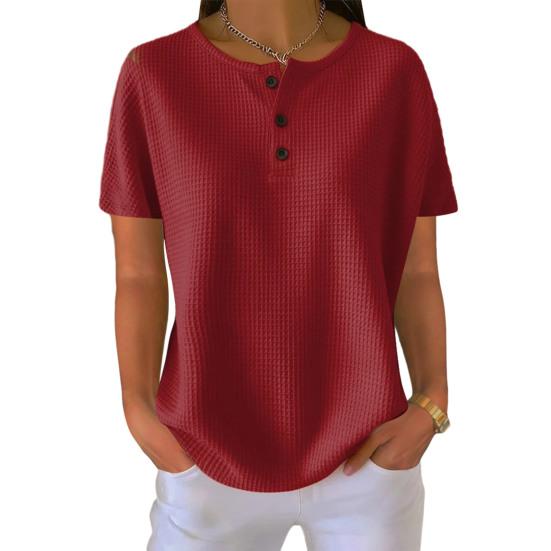 

Women Tops Crew Neck Buttons Half Placket Short Sleeves Casual Tops Pure Color Loose Fit Waffle Texture Summer T-shirt L красный
