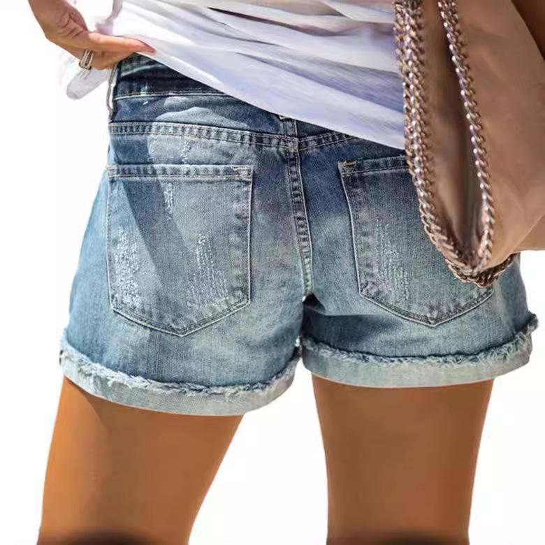 High-Waisted Ripped Washed Denim Shorts - Women's Summer Hot Pants