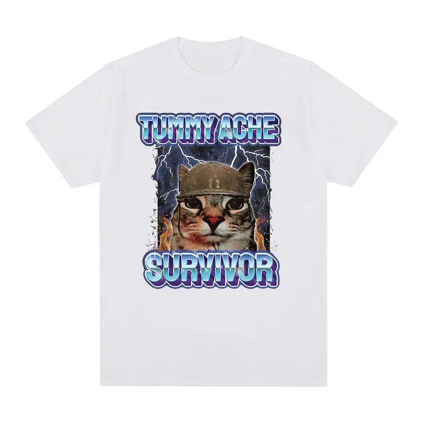 Vintage Tummy Ache Survivor Funny Cat Meme Print Tee Shirt Women Clothing Fashion Short Sleeve Casual T Shirt Top Clothing