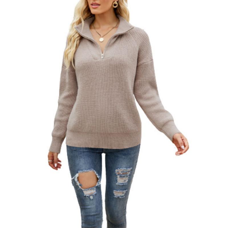 Women's Autumn/Winter Striped Colour Block Knit Long Sleeve Zip Lapel Sweater
