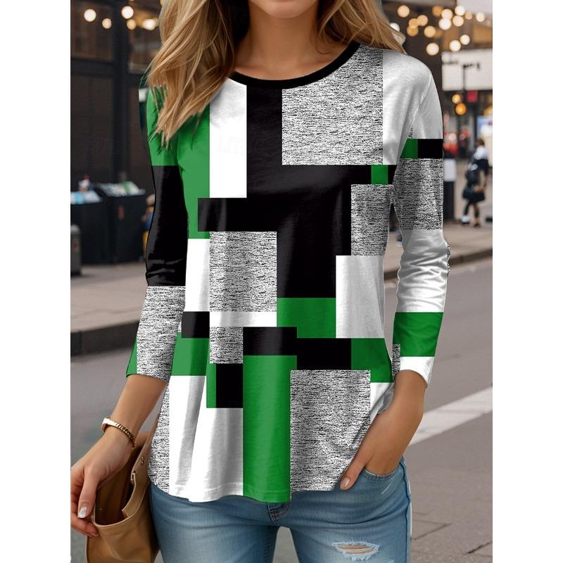 

Женская повседневная футболка с 3D-принтом в полоску и клетку, с круглым вырезом, в стиле ретро, элегантная, с длинными рукавами, женский модный пуловер, топы с длинными рукавами 5XL