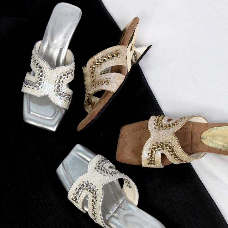 Wedge Heels Woven Sandals Women's Shoes Square-toed One-shoulder Slippers