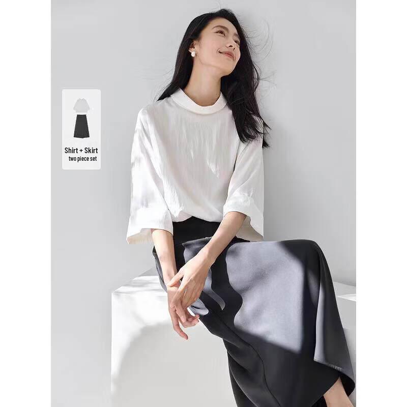 IHIMI Women s Business Casual Textured 3/4 Sleeve Shirt & Skirt Set S