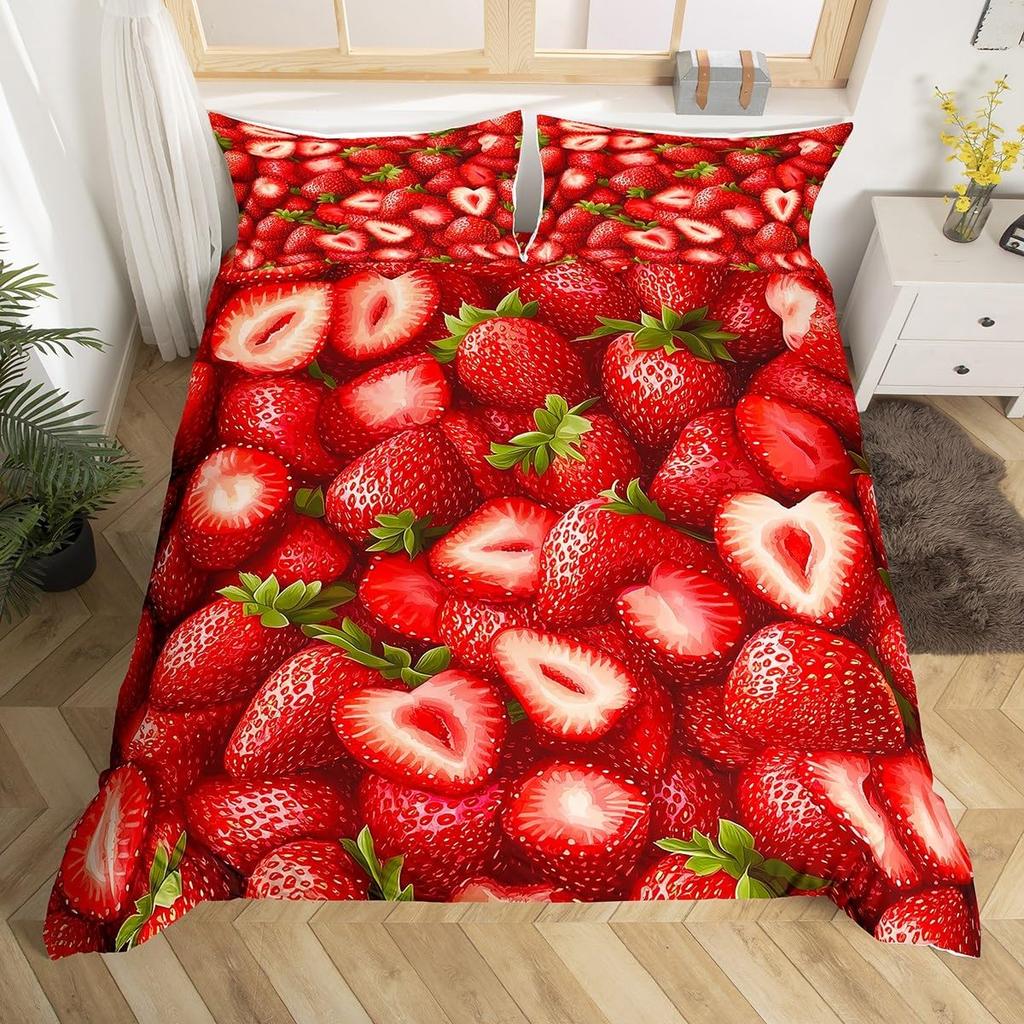 Strawbery Soft Duvet Cover Kawai Strawbery Beding Set for Children Kids Young Boys Young Girls Lovely Swet Fruits Theme Warm Comforter Cover Twin Quen